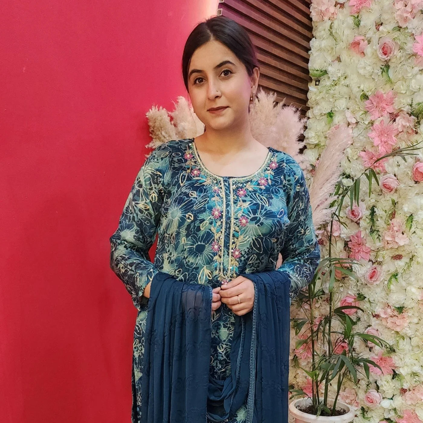 Greenish Blue Digital Print Suit With Pink Pearl Flowers