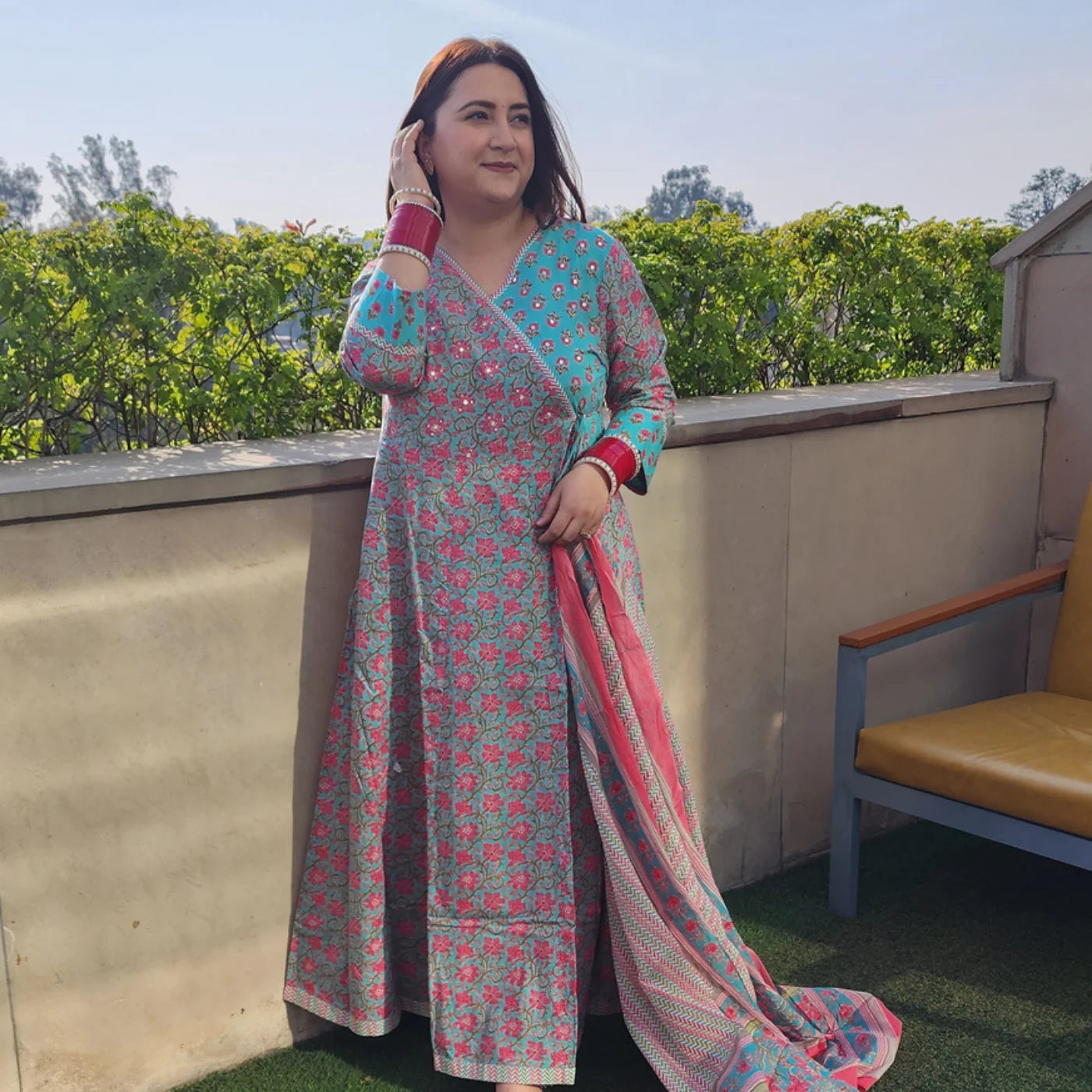 Pink and Sky Blue Cotton Frock Suit
