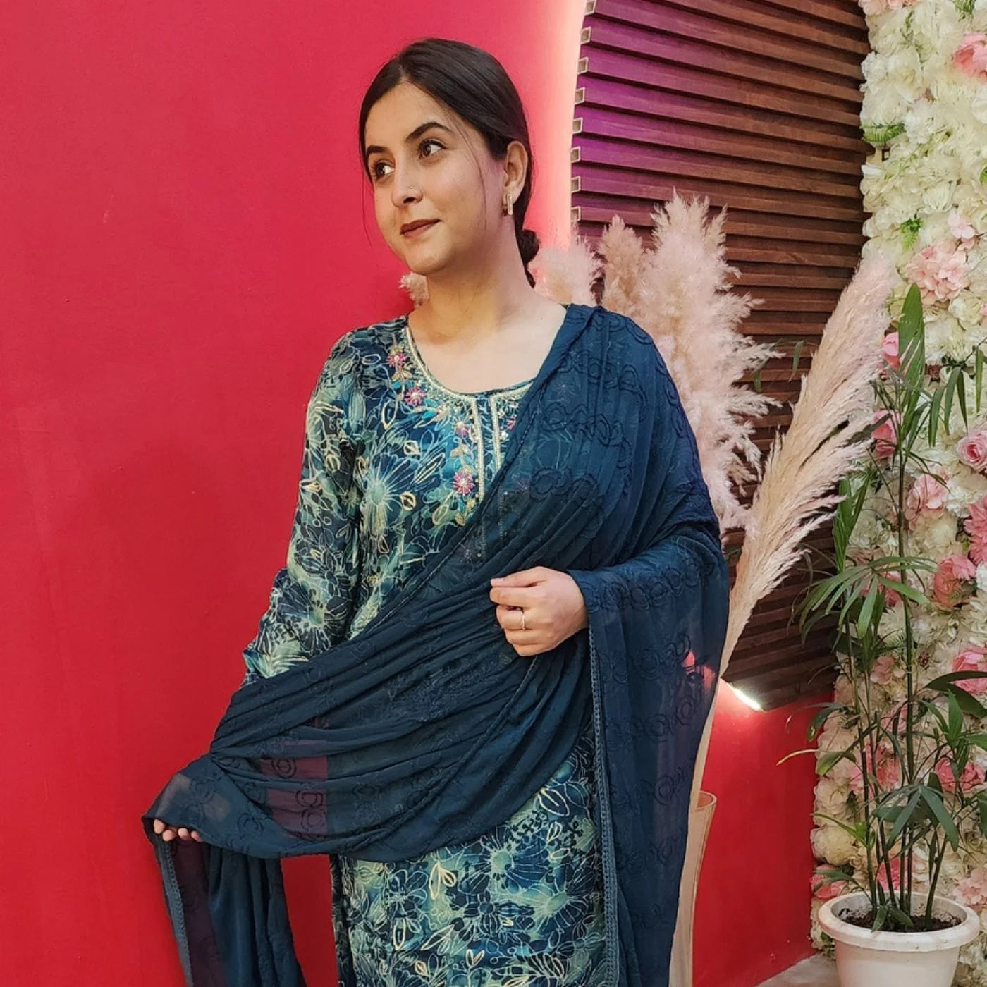 Greenish Blue Digital Print Suit With Pink Pearl Flowers