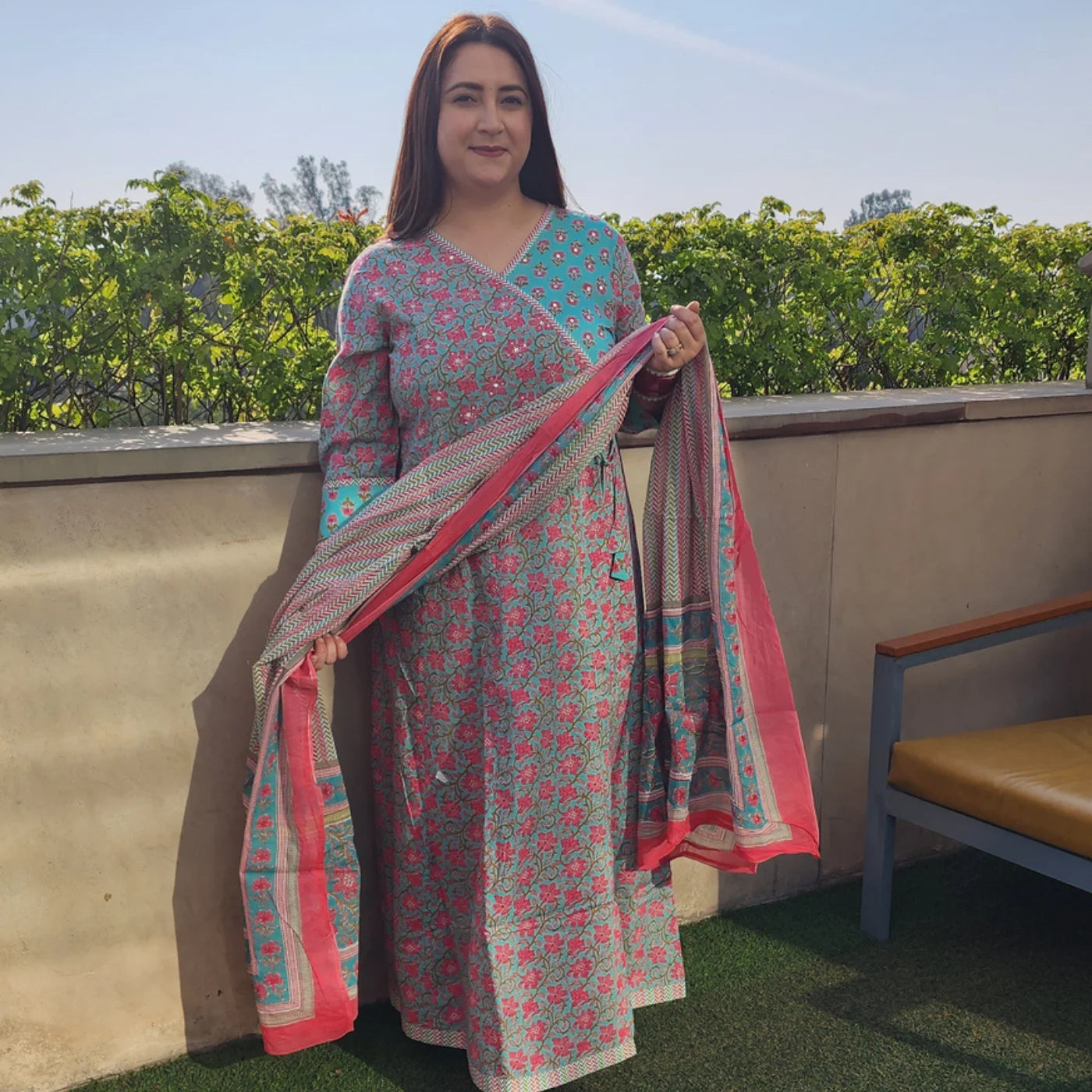 Pink and Sky Blue Cotton Frock Suit