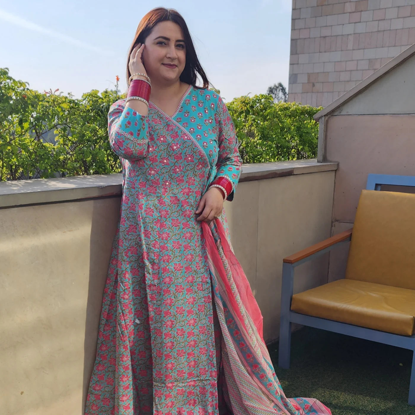 Pink and Sky Blue Cotton Frock Suit
