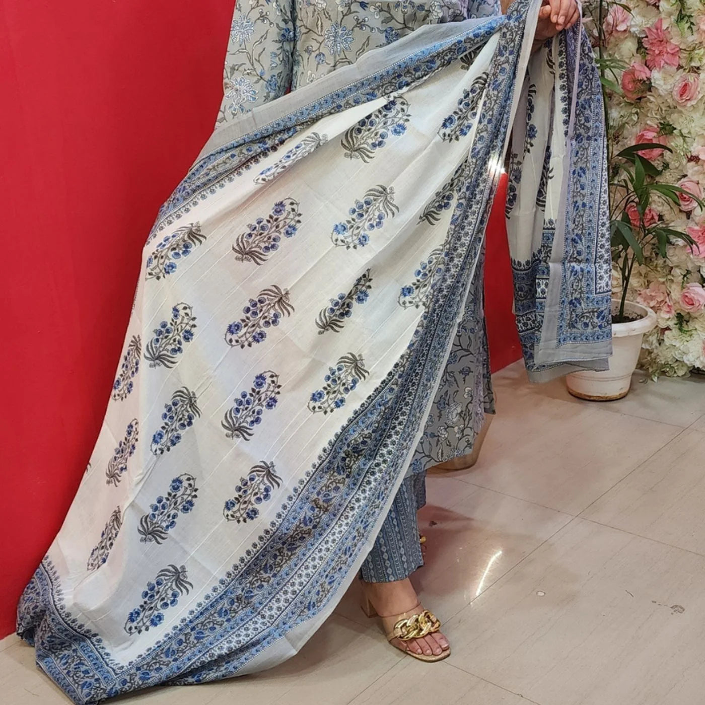 Grey Cotton Suit With Blue Flowers