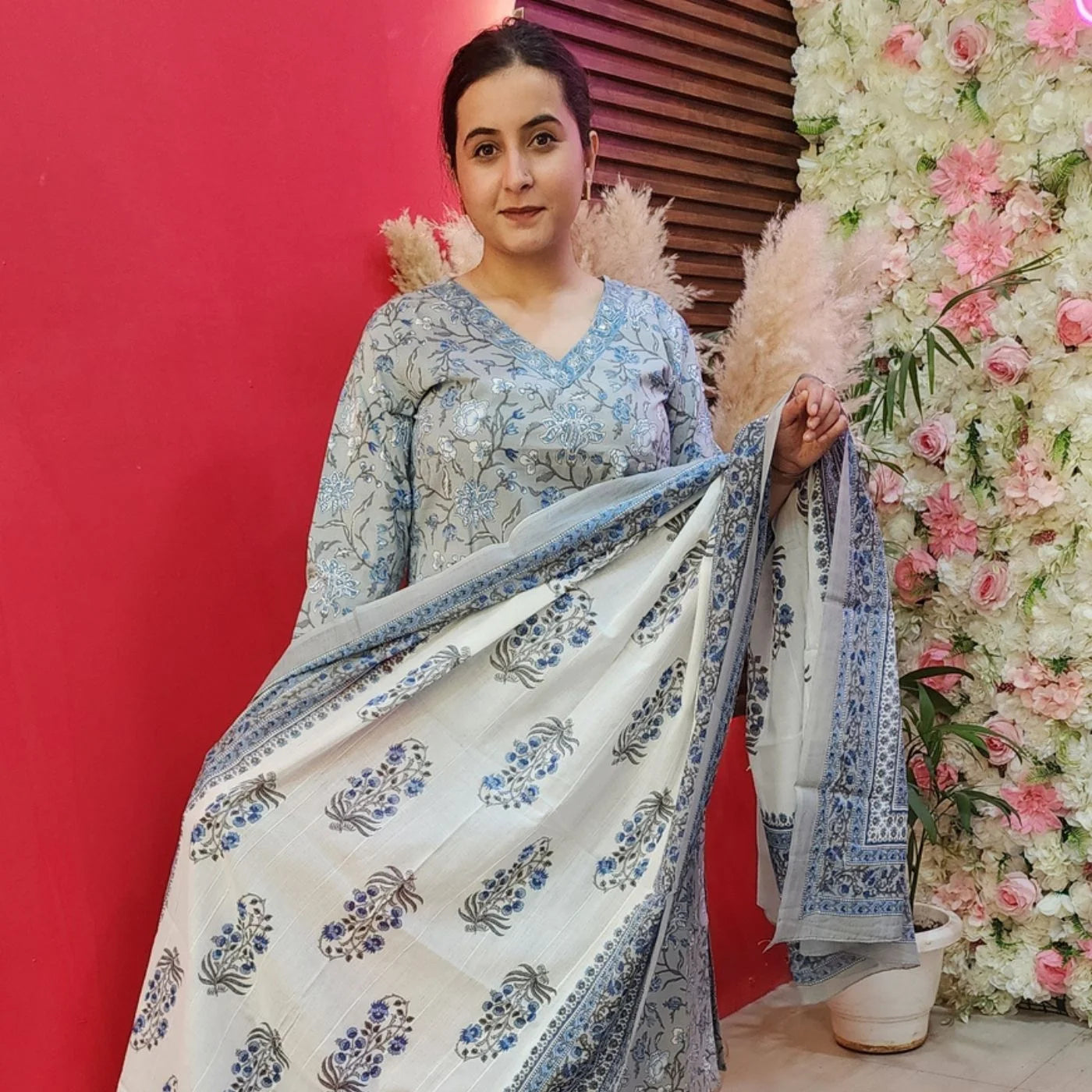 Grey Cotton Suit With Blue Flowers