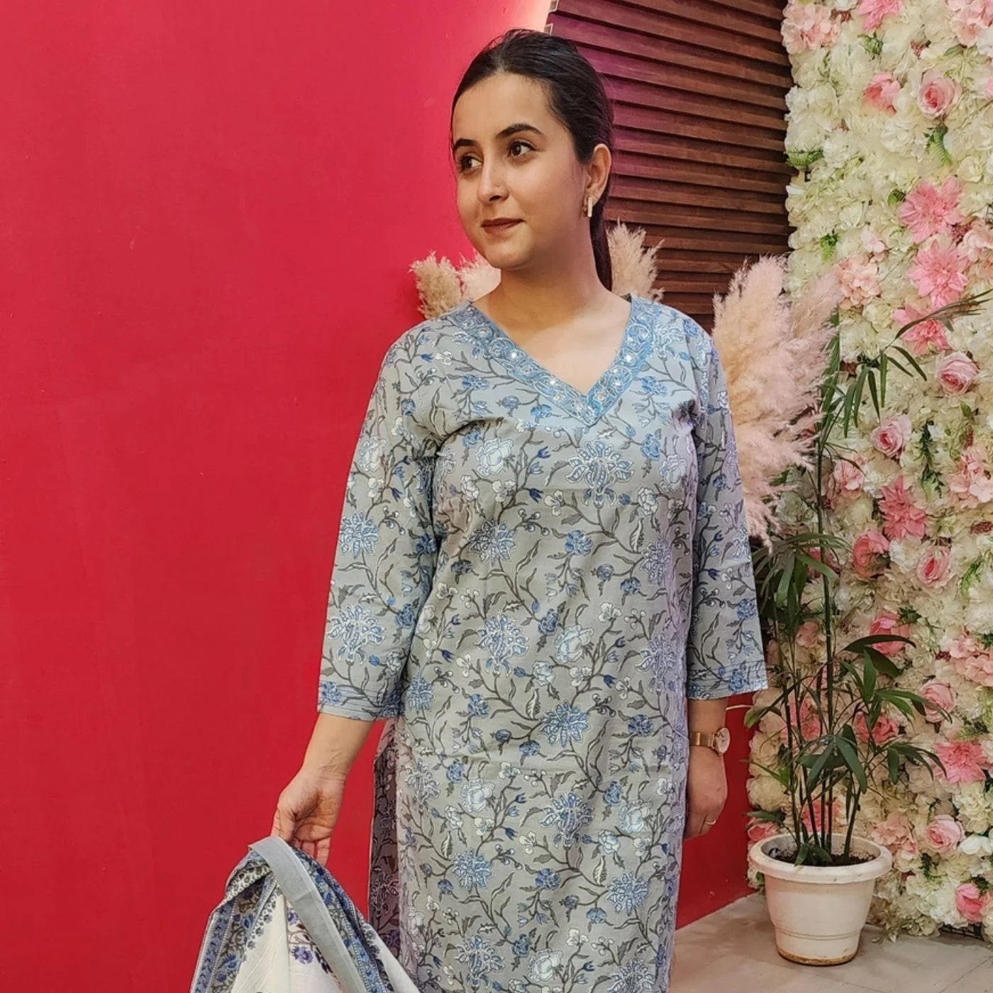 Grey Cotton Suit With Blue Flowers