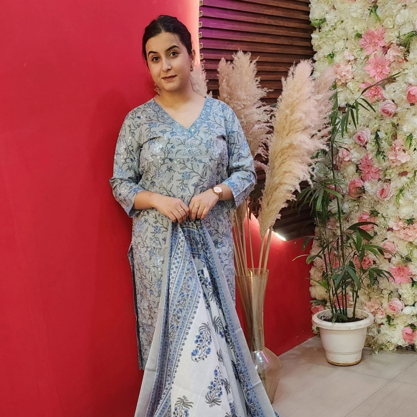 Grey Cotton Suit With Blue Flowers