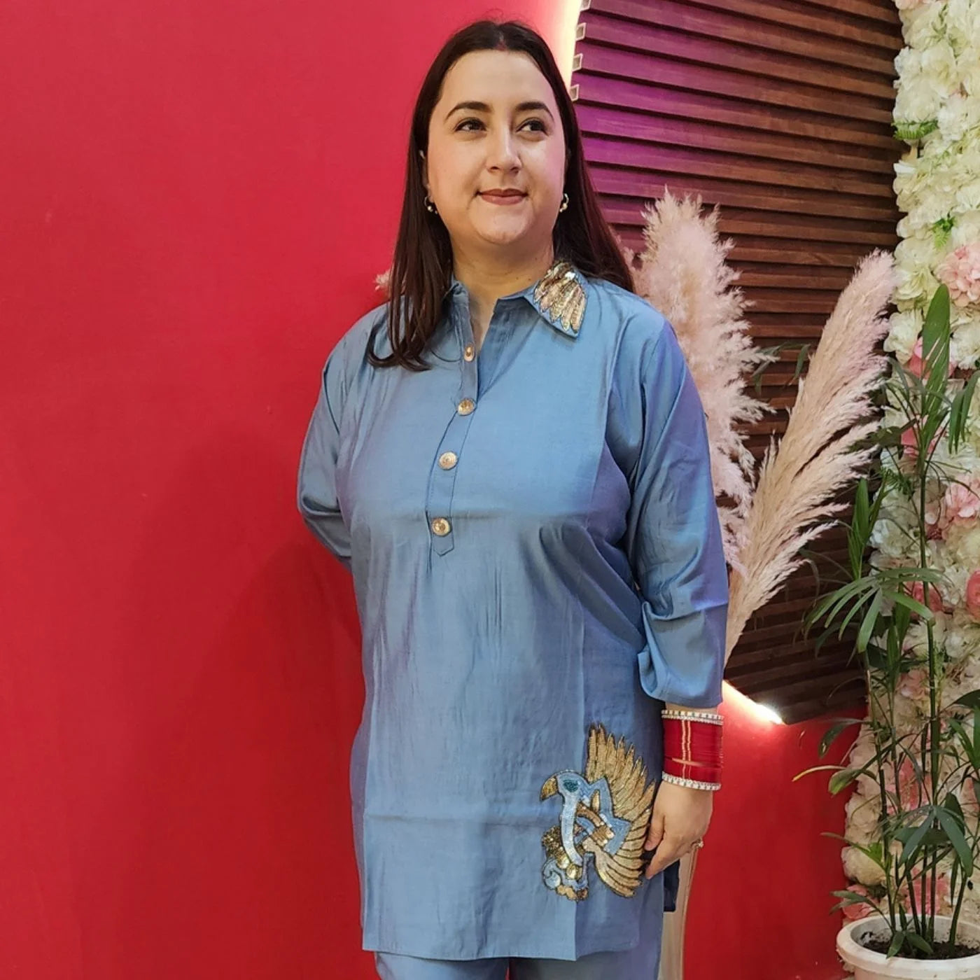 Greyish Blue Cord Set With Full Handwork