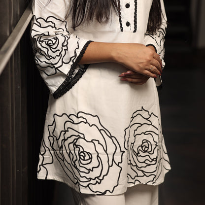 White Coord Set with Black Thread Flowers