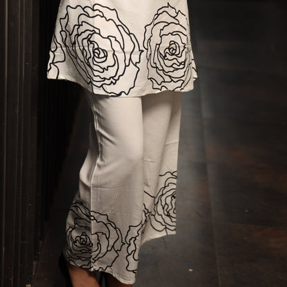 White Coord Set with Black Thread Flowers
