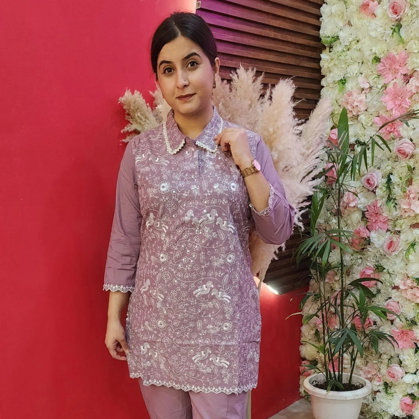 Lavander Pearl Embroidery With Afghani Cord Set
