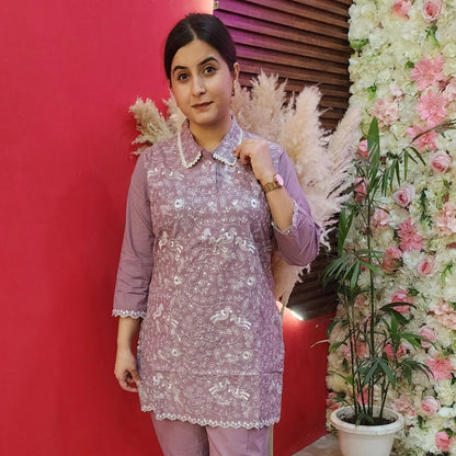 Lavander Pearl Embroidery With Afghani Cord Set