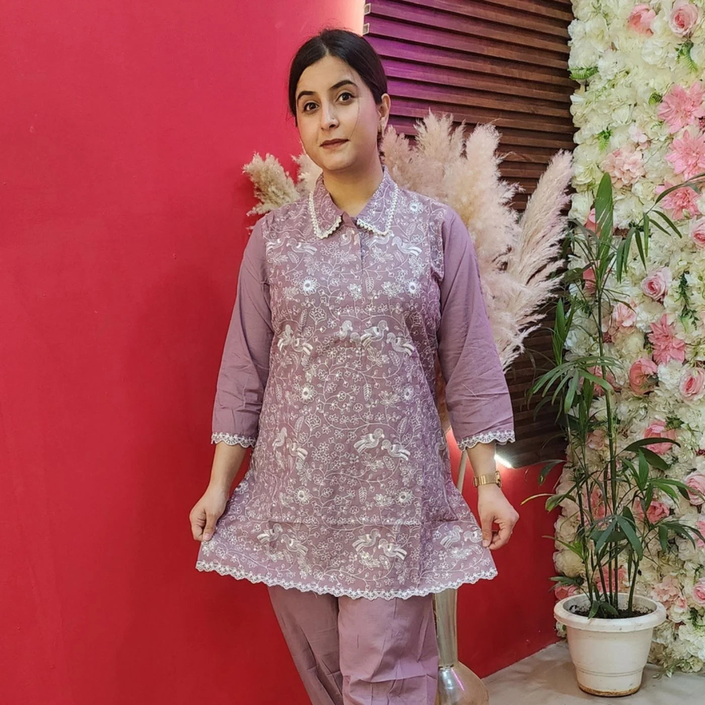 Lavander Pearl Embroidery With Afghani Cord Set