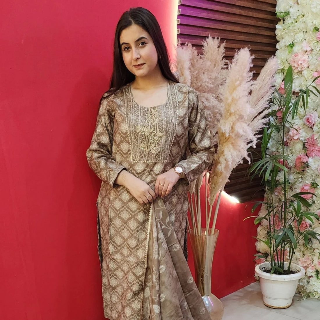 Baige Embroidery Digital Print Muslin Suit