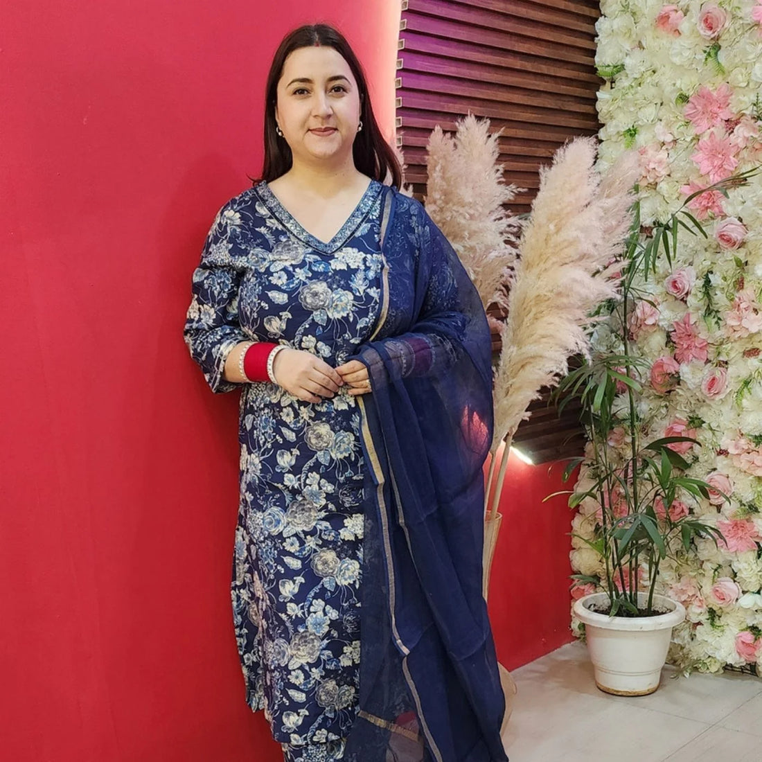 Royal Blue Cotton Floral Suit With Emborided Pockets