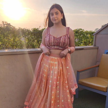 Orange Maroon Chikungari Lehnga