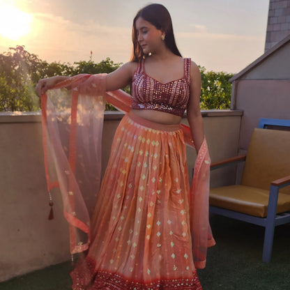 Orange Maroon Chikungari Lehnga