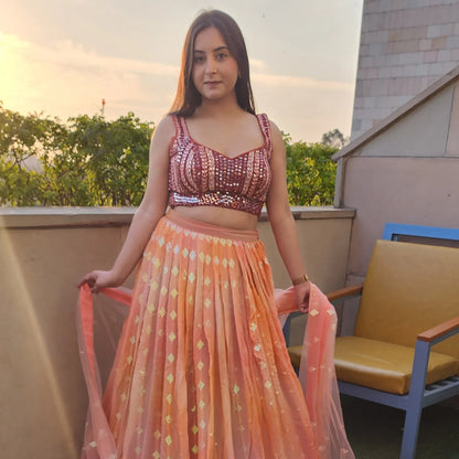 Orange Maroon Chikungari Lehnga