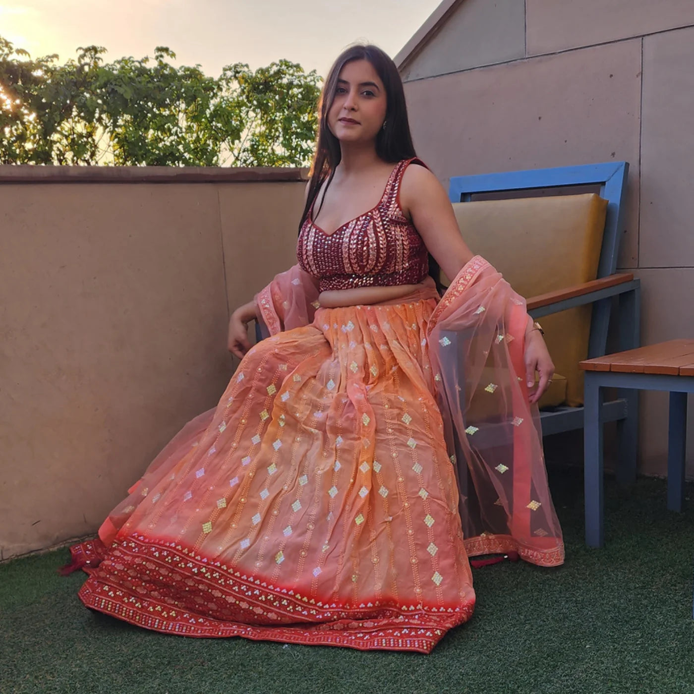 Orange Maroon Chikungari Lehnga